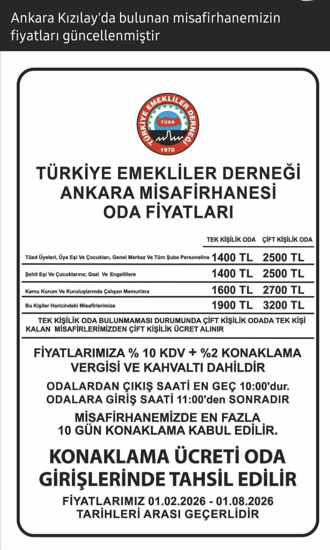 2026 yılı Ankara Misafirhane ücretleri yenilendi